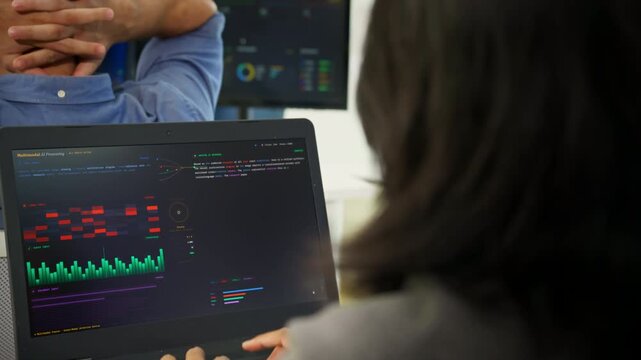 Researcher analyzing multimodal artificial intelligence processing interface on laptop. generative AI, cross modal attention, transformer model, deep learning, and modern AI technology in tech office.