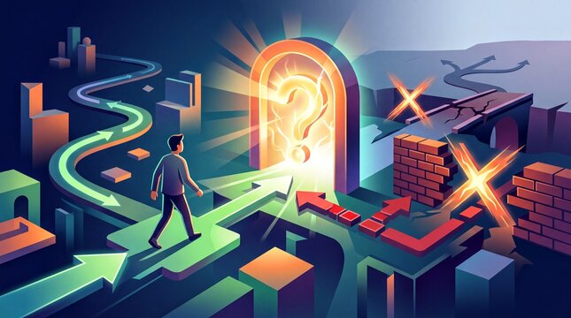 digital marketing challenges, a conceptual visualization depicting a user journey ending at a search box