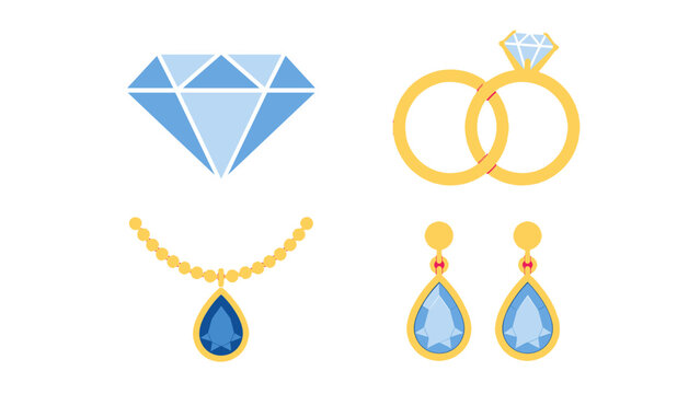 Jewelry icon set with diamond, rings, necklace, and earrings