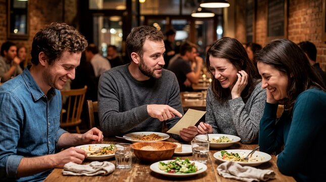 social dining dynamics, a group of friends sharing an awkward moment about the dinner check