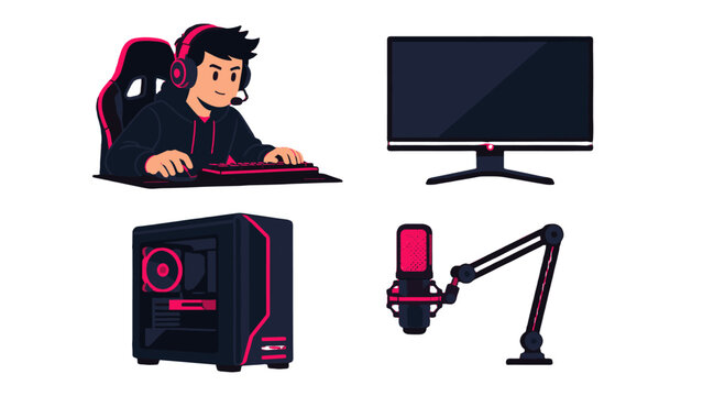 Gaming streamer setup icons with player computer monitor and microphone