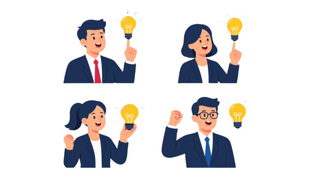 Business people with glowing light bulbs in flat vector style