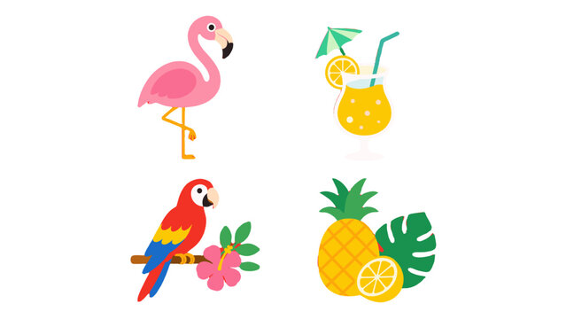 Cute tropical summer icons with flamingo parrot drink and fruit