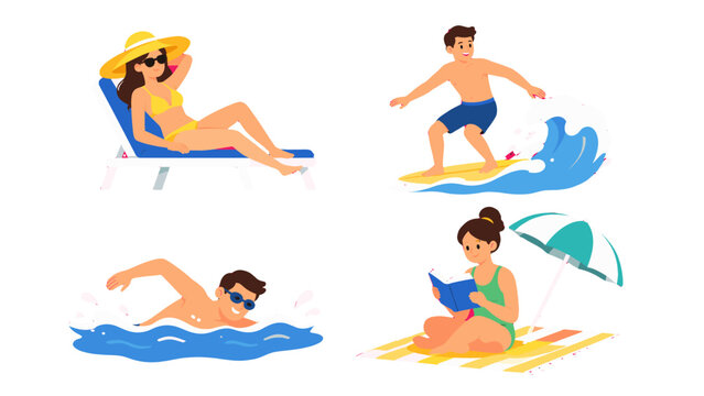 Beach activity characters with sunbathing, surfing, swimming, and reading