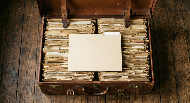 An open vintage leather suitcase filled with old file folders with blank labels.