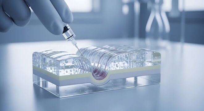 Lab technician handling microfluidic device carefully.