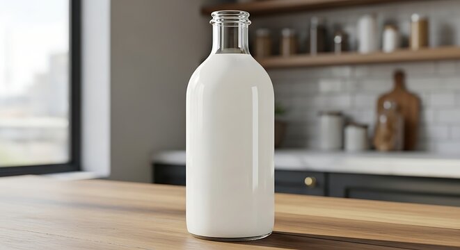 Clear glass bottle filled with fresh white milk on a rustic wooden kitchen table surface for dairy nutrition and healthy lifestyle