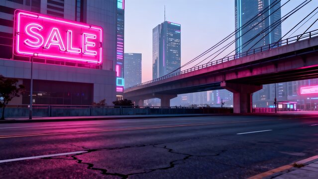Neon sale sign in cityscape