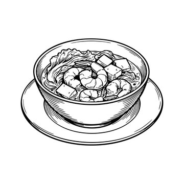 A black and white ink illustration of a bowl of seafood soup with shrimp, tofu, and leafy vegetables.