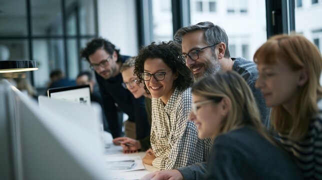 &Aacute;&permil;quipe de collaborateurs souriants regardant un &eacute;cran dans un bureau