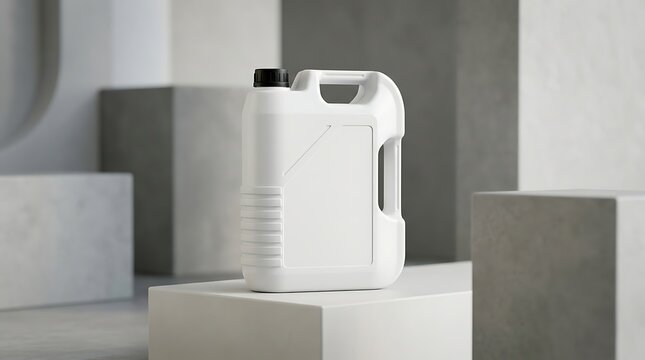 Blank white plastic jerrycan industrial container mockup for liquid chemical oil fuel storage product packaging presentation