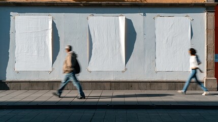 Fototapeta premium Passants flous devant des affiches blanches vierges sur mur urbain