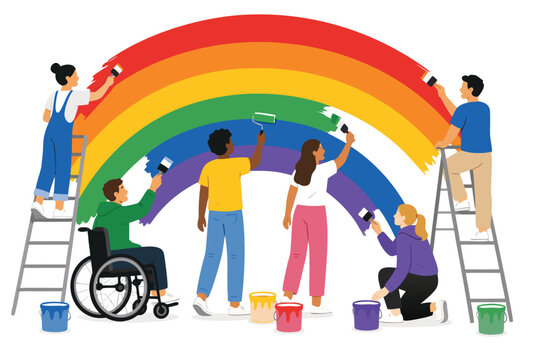 Vibrant flat vector illustration of a diverse group of people painting a giant colorful rainbow together on a wall, celebrating community, creativity, inclusion, and social unity.