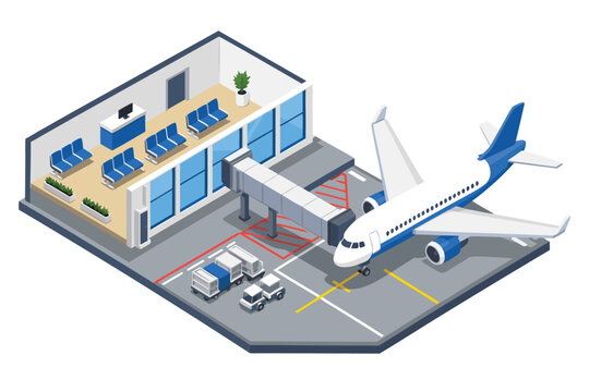 Isometric vector illustration of an airport terminal gate featuring a commercial airplane parked at the jet bridge, modern airport infrastructure with windows and departure lounge seating area.