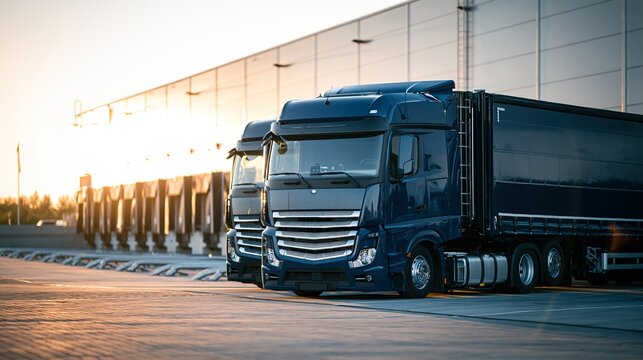 Camions de transport moderne gar&eacute;s devant un entrep&ocirc;t industriel
