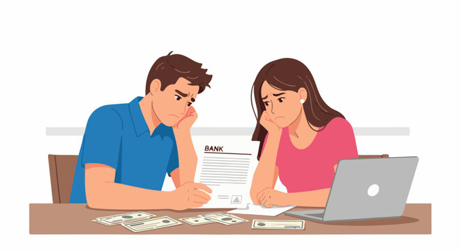 Couple stressed over bank statement and money, using laptop