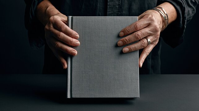 Mains &acirc;g&eacute;es tenant d&eacute;licatement un livre gris sur fond sombre