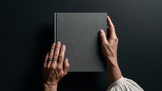 Mains tenant d&eacute;licatement un livre gris ferm&eacute; sur fond sombre