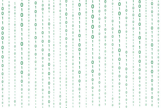Seamless vector pattern of green binary code numbers falling vertically like rain on a dark background. Matrix style digital data flow illustration for technology, hacking, and cyber security.