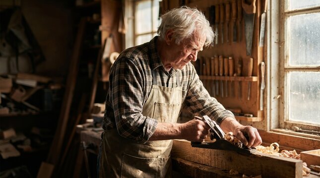 Elderly carpenter working with hand plane in a traditional woodworking workshop.