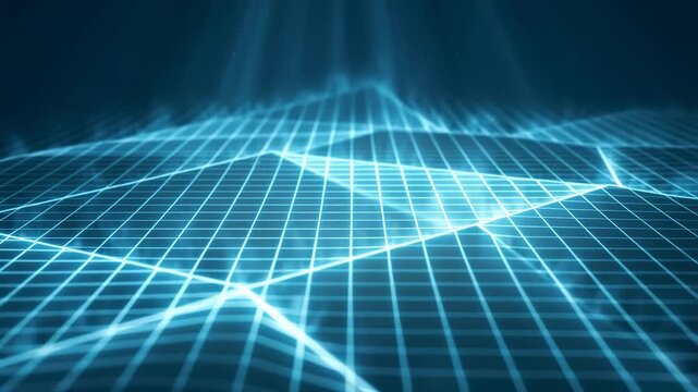 Dynamic blue grid landscape with illuminated geometric shapes in motion