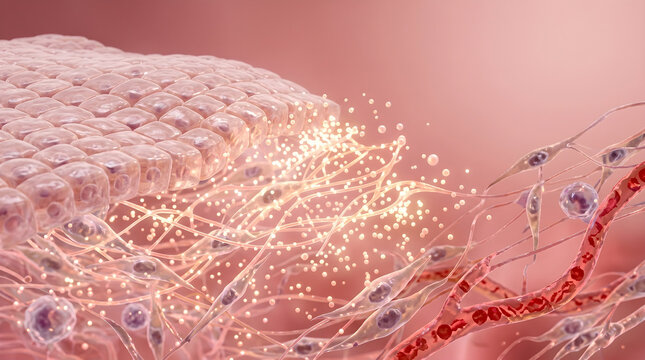 Active ingredients diffuse from the basal layer into capillaries to promote skin cellular renewal. 3D rendering.