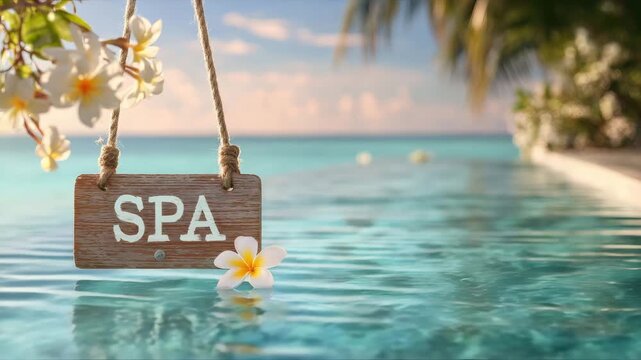 spa hanging sign on tropical pool background animation