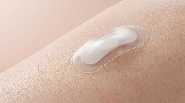 Translucent hydrocolloid plaster adheres firmly to the skin for optimal wound protection. 3D rendering.