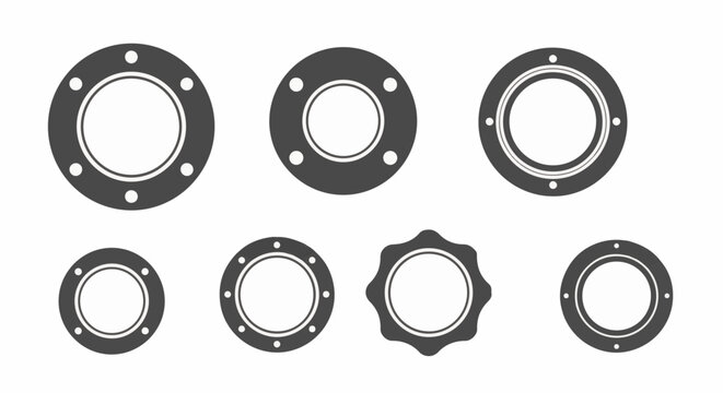 Collection of industrial circular flanges with bolt holes