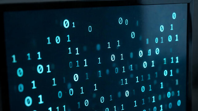Abstract digital background featuring glowing blue binary code streams and data bits flowing through a dark cyberspace network, representing cloud computing, cybersecurity, and future technology.