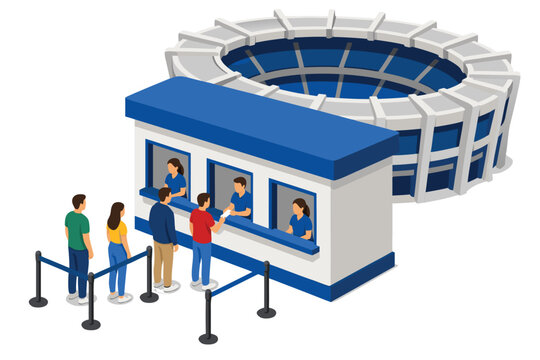 Isometric vector illustration of a modern ticketing booth located outside a large sports stadium arena, 3D flat style vibrant design for event entrance and venue management concepts.