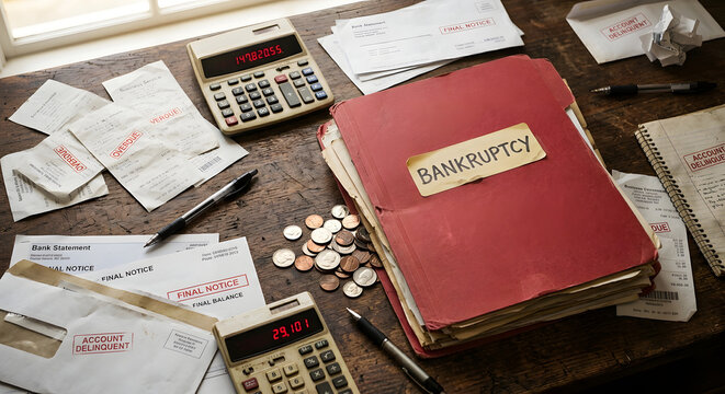 Red Bankruptcy Case File Folder with Calculator and Unpaid Bills on Desk