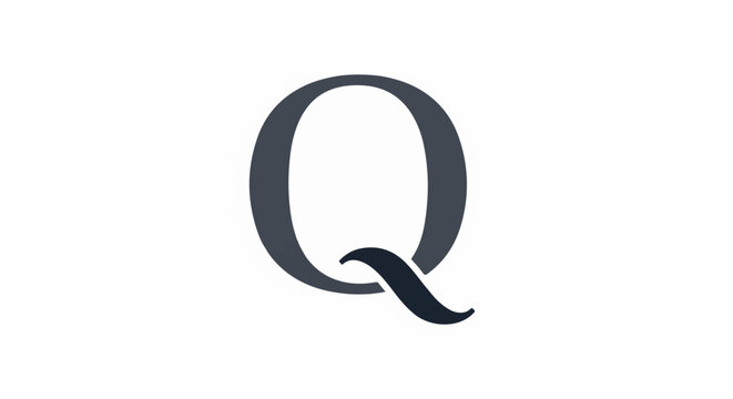 Elegant, dark gray serif letter 'Q' with a white background