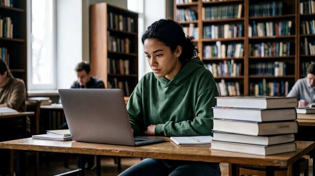 educational access debate, a student focused on downloading digital resources in a library setting