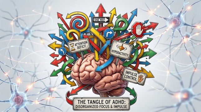 Conceptual ADHD Attention Deficit Hyperactivity Disorder Represented by Confused Brain Traffic Sign Illustrating Disorganized Focus Impulsive Behavior and Elevated Energy Mental Health Awareness.