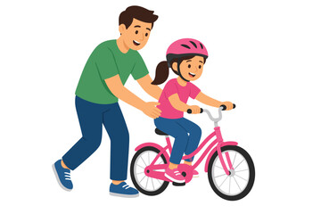 Fototapeta premium Flat vector illustration of a father teaching his young daughter how to ride a bicycle in a public park with a modern minimalist style and a focus on the supportive family relationship.