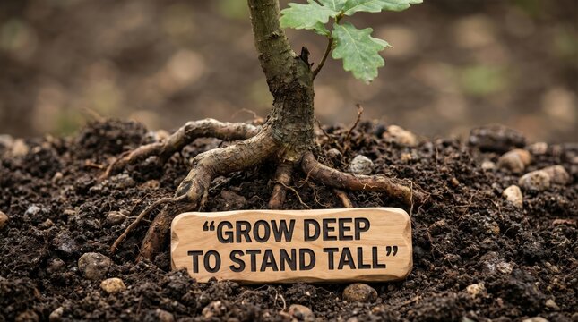 Isolated composition of a young oak sapling with inspirational sign