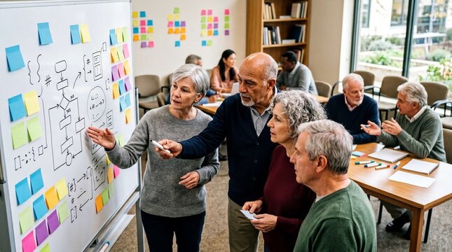 adult learning programs, a vibrant classroom filled with seniors engaging enthusiastically in python coding
