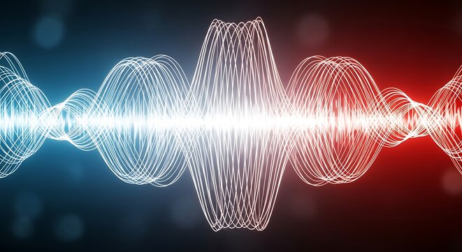 Abstract digital audio waveform visualization with glowing blue and red circular light patterns representing sound frequency and electronic signal