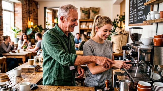 intergenerational workplaces, a cheerful older man shares coffee-making skills with a young colleague