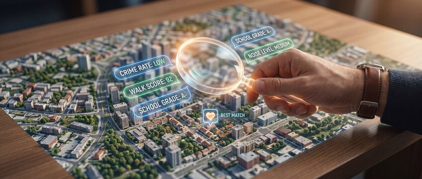 Person analyzing city map with augmented reality interface on wooden table for urban planning and real estate