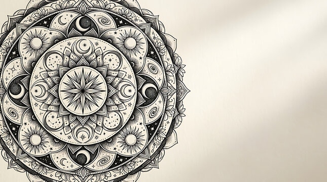 Intricate hand drawn mandala with celestial moon and star motifs