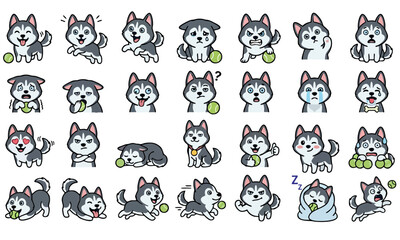 Fototapeta premium Cute Husky Dog Emoji Sticker Pack – Cartoon Siberian Husky Expressions Collection