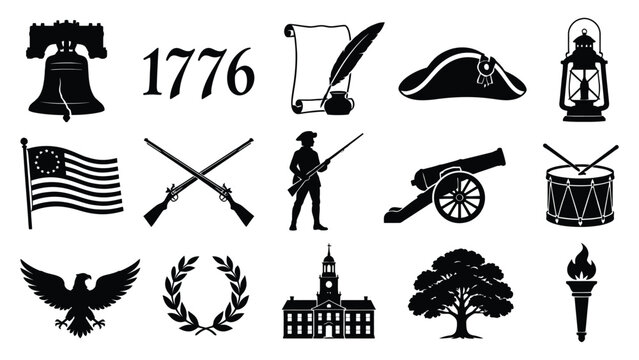 American revolution symbols and icons set