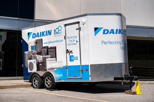 View of Daikin branded promotional trailer outdoors. Markham, Canada - May 30, 2026.