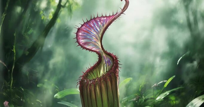 Iridescent Pitcher Plant in Steamy Tropical Bog with Filtered Green Light