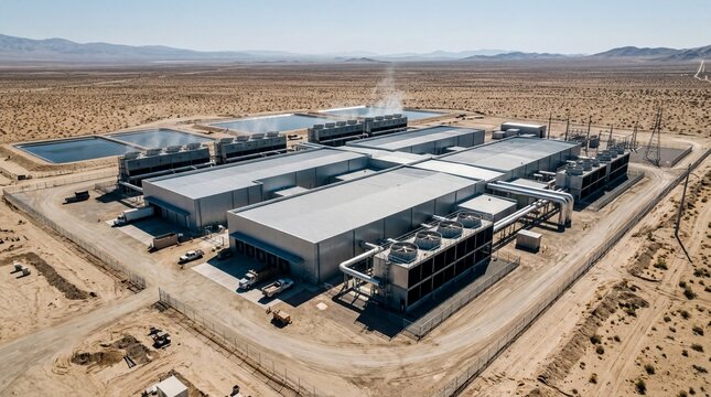 industrial technology impact, expansive ai data center in a desert, surrounded by water cooling towers