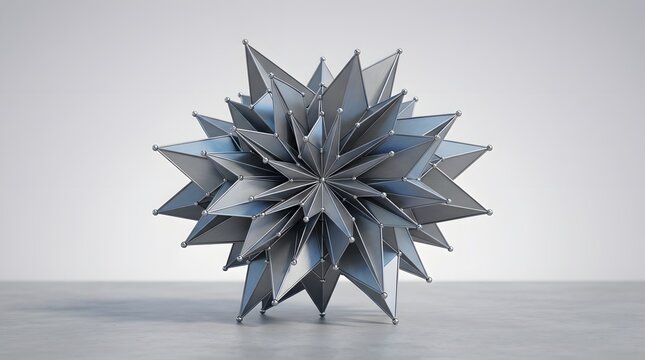 Metallic geometric starburst sculpture on a light gray surface abstract background