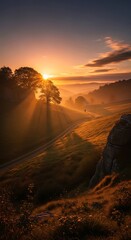 Obraz premium Breathtaking golden sunrise over a tranquil forest valley with sun rays.