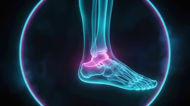 Animating cyan foot bones pulsing, tilting on cue to highlight ankle with pink overlay, neon ring